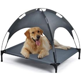 Outdoor Elevated Pet Bed with Awning – Portable Grey Dog Rest Bed (Color: Grey)